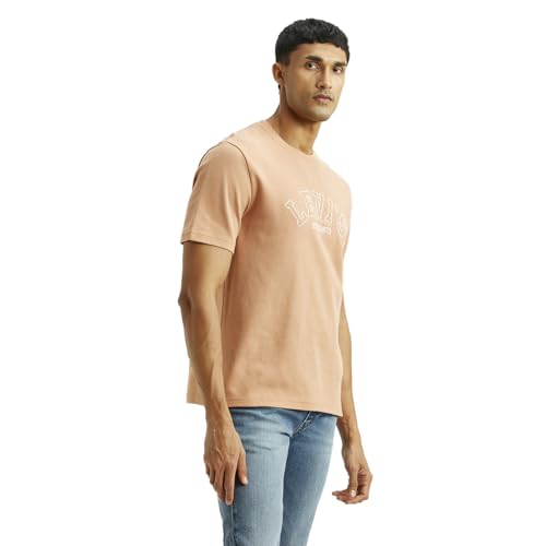 Levi's men's embroidered peach crew neck T-shirt with short sleeves, casual upper wear, featuring colorful embroidered design.