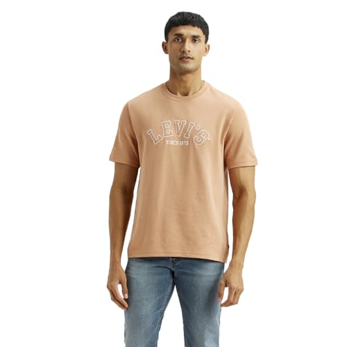 Levi's men's embroidered peach crew neck T-shirt with short sleeves, casual style, soft fabric, and detailed embroidery design.