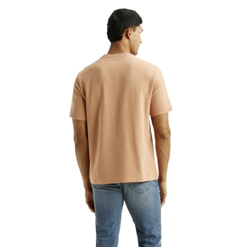 Levi's men's embroidered peach crew neck T-shirt with short sleeves, featuring colorful embroidery on the front.