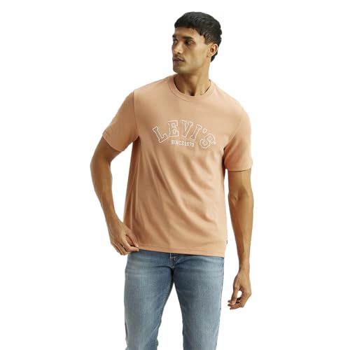 Levi's men's embroidered peach crew neck T-shirt featuring colorful floral embroidery on the chest, short sleeves, and comfortable fit.