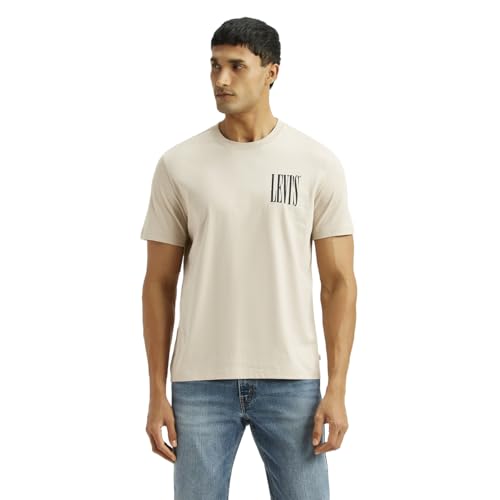 Levi's men's beige crew neck T-shirt with logo, short sleeve, casual style, made from soft fabric.