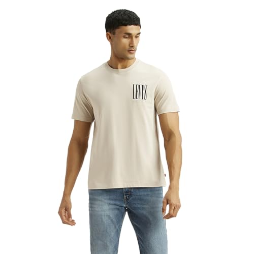 Levi's men's beige crew neck T-shirt with brand logo, short sleeve, casual upper wear, classic fit, visible fabric texture.