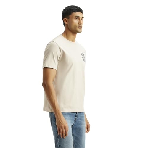 Levi's men's beige crew neck T-shirt with brand logo, short sleeve, comfortable cotton fabric, casual upper wear.