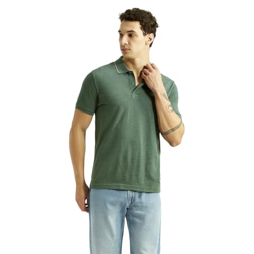 Levi's men's textured green slim fit polo t-shirt with long sleeves, casual upper wear for men, visible fabric detail and collar.