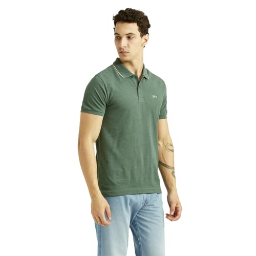Levi's men's textured green slim fit polo t-shirt, long sleeve, casual upper wear, showcasing the fabric and fit.