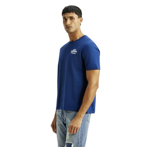 Levi's men's blue crew neck T-shirt with brand logo, short sleeve, casual upper wear, made for comfort and style.