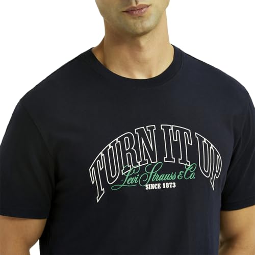 Men's navy slim fit T-shirt with typographic print from Levi's, featuring a casual crew neck and short sleeves.