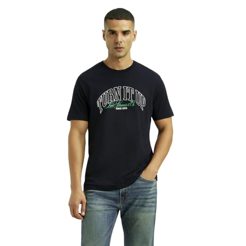 Men's navy slim fit T-shirt with typographic print by Levi's, featuring a casual crew neck and short sleeves.