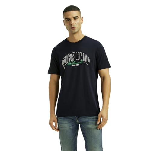 Men's navy slim fit T-shirt with typographic print from Levi's, showcasing a casual design and short sleeve style.