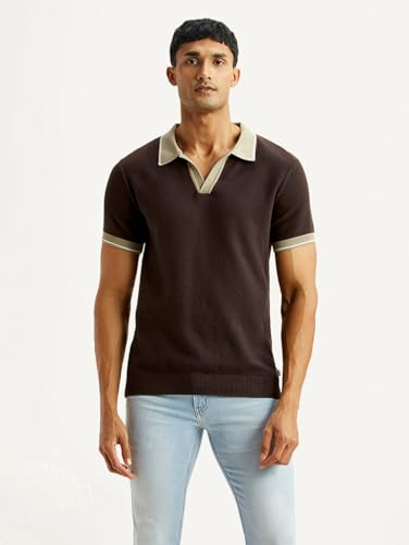 Levi's men's colorblock brown polo t-shirt, long sleeve, casual upper wear with contrasting color panels.