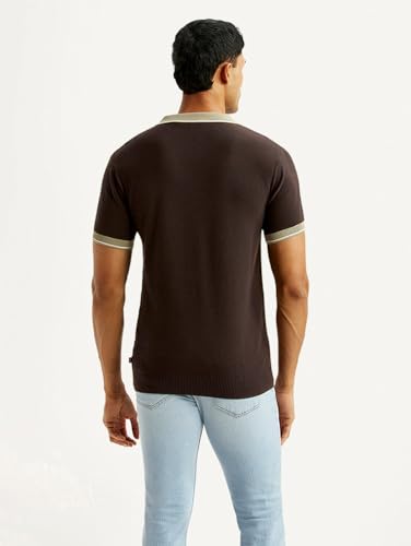 Levi's men's colorblock brown polo T-shirt with long sleeves, casual fit, and classic design, displayed on a hanger.