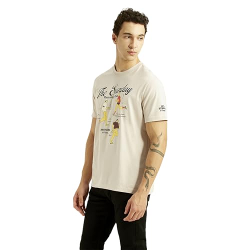 Levi's men's off-white crew neck T-shirt with graphic print, short sleeve, casual upper wear, front view showing the design and fit.