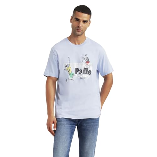 Light-blue men's crew neck T-shirt with graphic print by Levi's, casual style, short-sleeve design, front view.