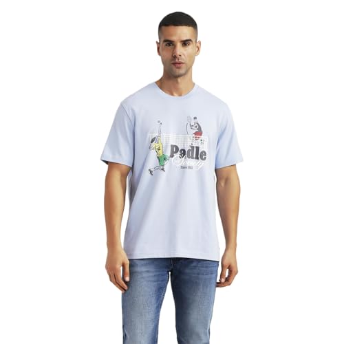 Men's light-blue crew neck T-shirt with graphic print by Levis, featuring short sleeves and casual style.