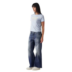Women's Blue Loose Bootcut Fit Mid Rise Jeans