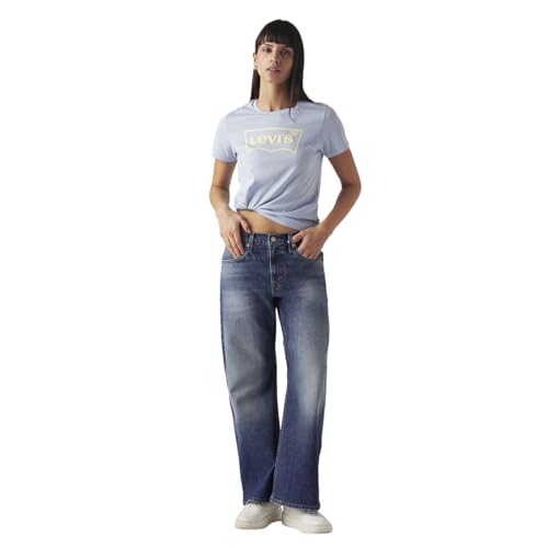 Women's Blue Loose Bootcut Fit Mid Rise Jeans