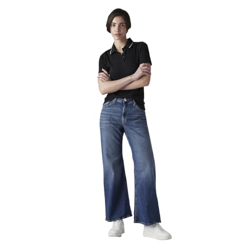 Women's Blue Loose Bootcut Fit Mid Rise Jeans