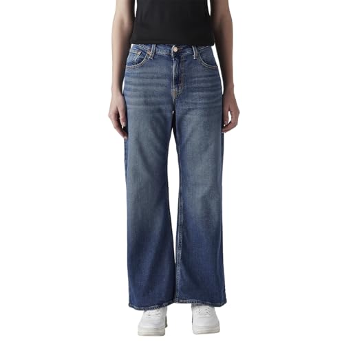 Women's Blue Loose Bootcut Fit Mid Rise Jeans