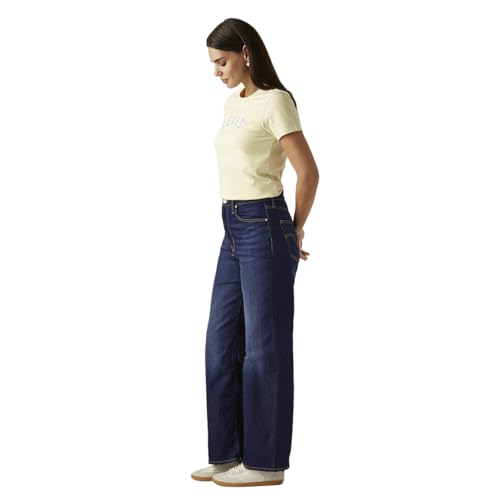 Women's Dark-Blue Ribcage Wide Leg Fit High Rise Jeans