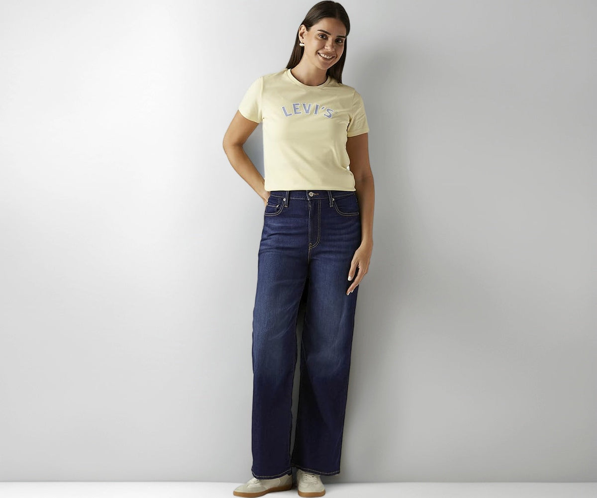 Women's Dark-Blue Ribcage Wide Leg Fit High Rise Jeans