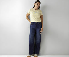 Women's Dark-Blue Ribcage Wide Leg Fit High Rise Jeans