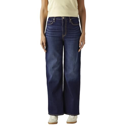Women's Dark-Blue Ribcage Wide Leg Fit High Rise Jeans