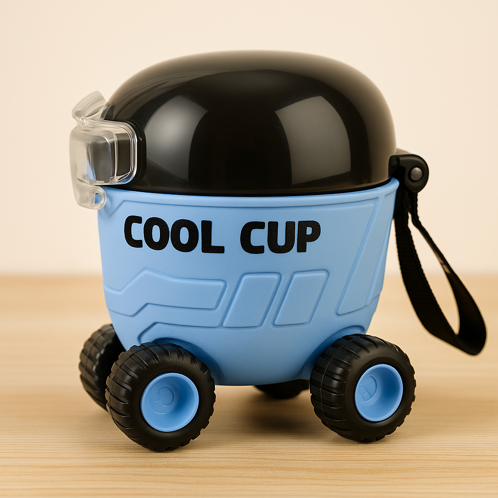 Cool Cup Car-Shaped Sipper Bottle With Wheels & Straw – Fun Bpa-Free Leak-Proof Kids Cup (Blue & Black)