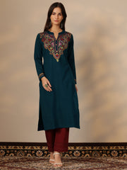 Teal Yoke Design Wool Straight Kurta