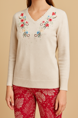 Women’S Cream Floral Embroidered Sweater