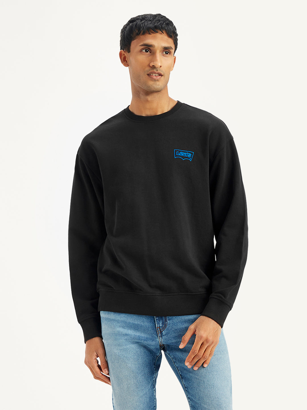 Men'S Solid Black Crew Neck Sweatshirt