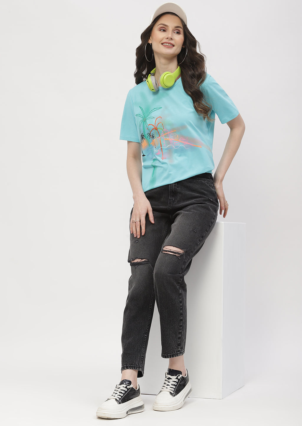 Madame Graphic Print Aqua Blue Regular T- Shirt