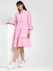 Madame Tiered Pink Rayon Blend Fit And Flare Mini Dress