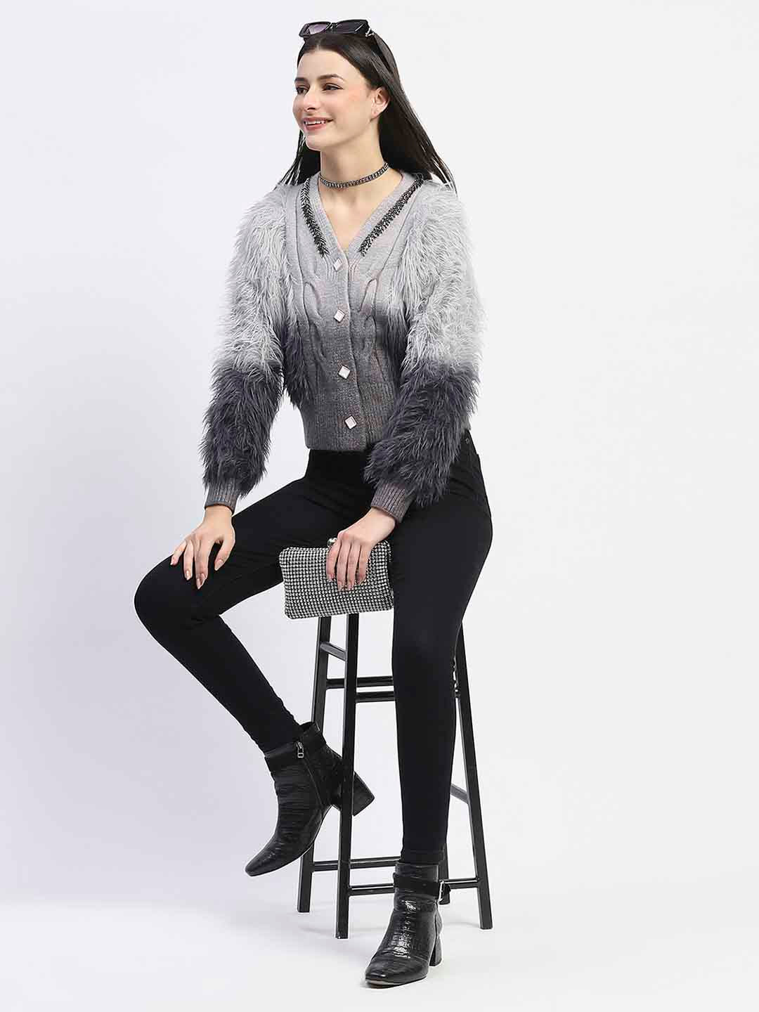 Madame Embellished Ombre V Neck Grey Sweater