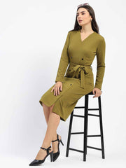 Madame Belted Buttoned Green Dress