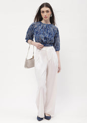 Madame Raglan Sleeve Blue Abstract Print Crop Top