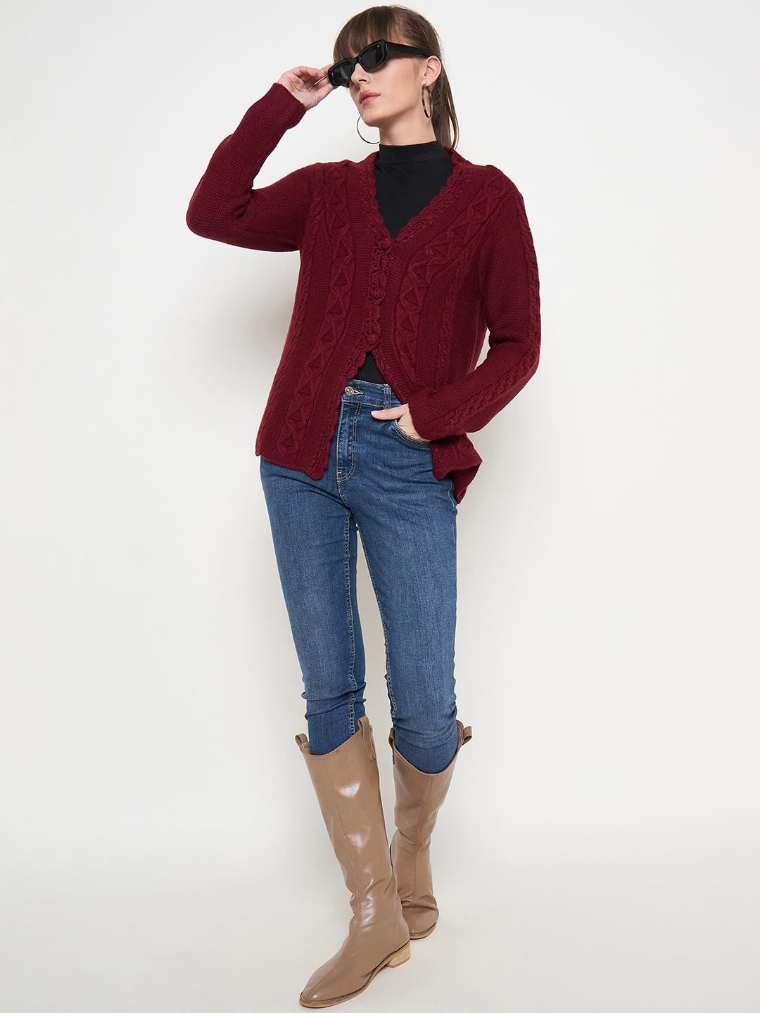 Madame Maroon Cable Knit Acrylic Cardigan