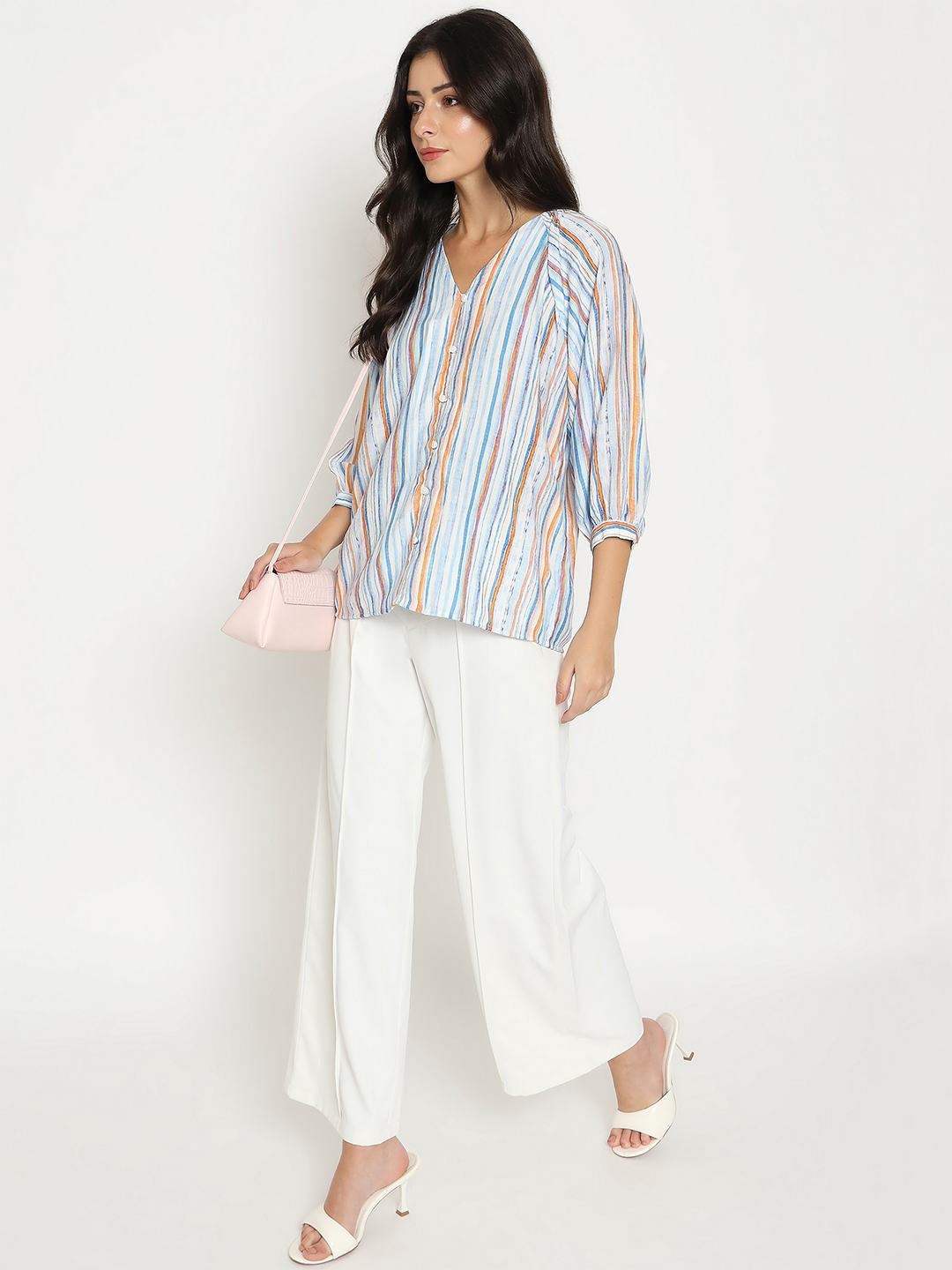 Madame Striped Rayon Blend Blue Top