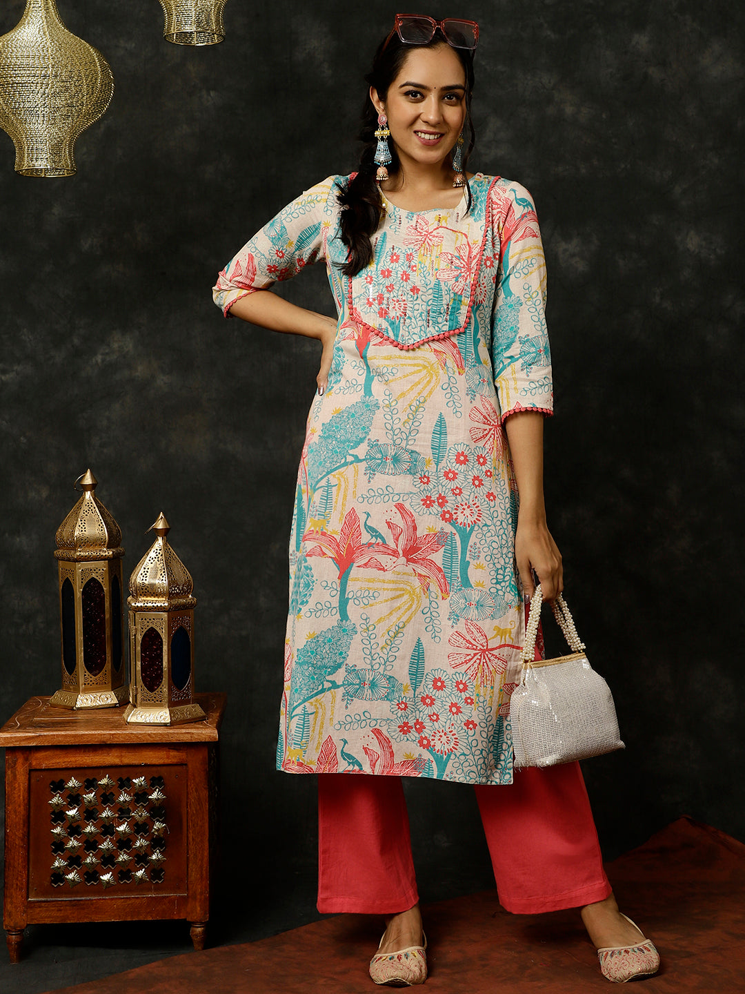 Coral Kantha Work Printed Straight Kurta With Palazzo