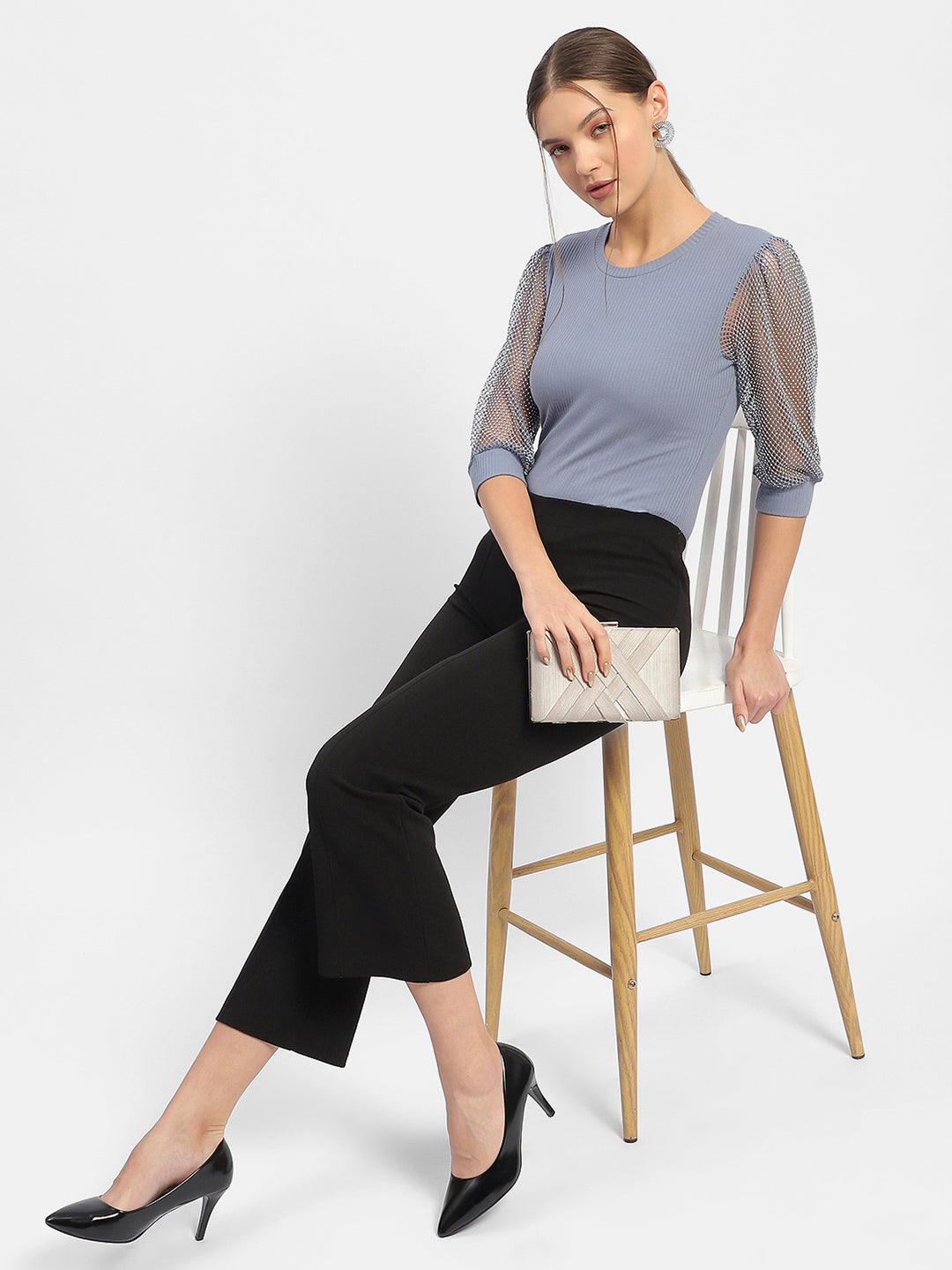 Madame Knit Sleeve Grey Regular Top