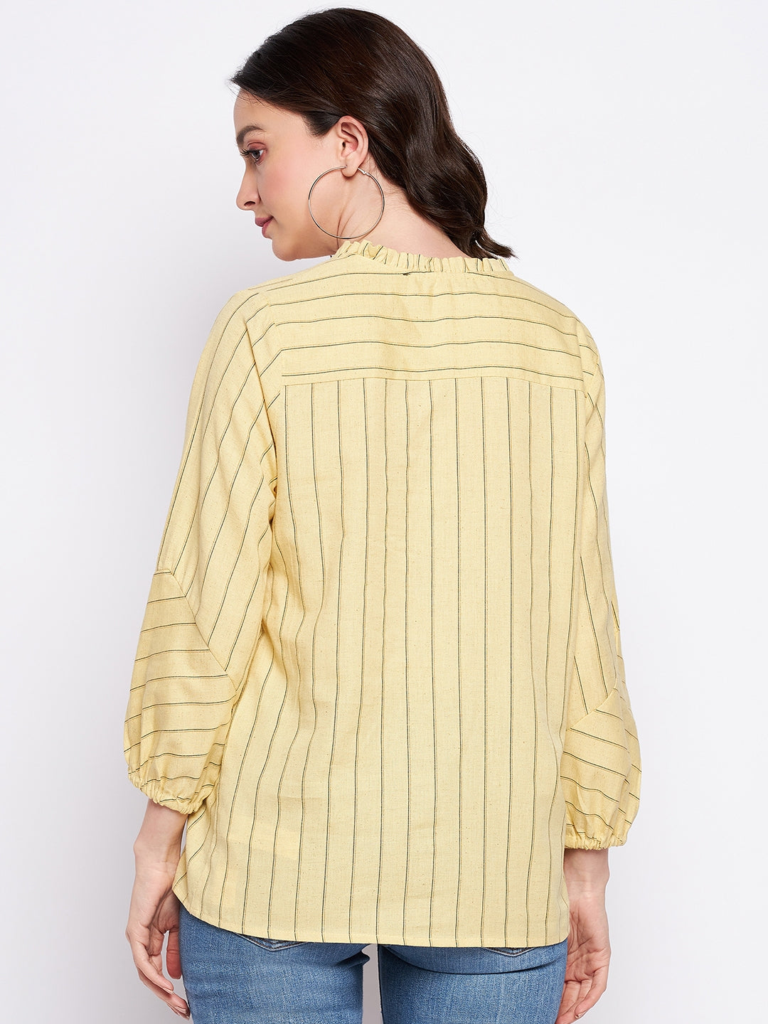 Madame Mustard Frill-Neckline Striped Top