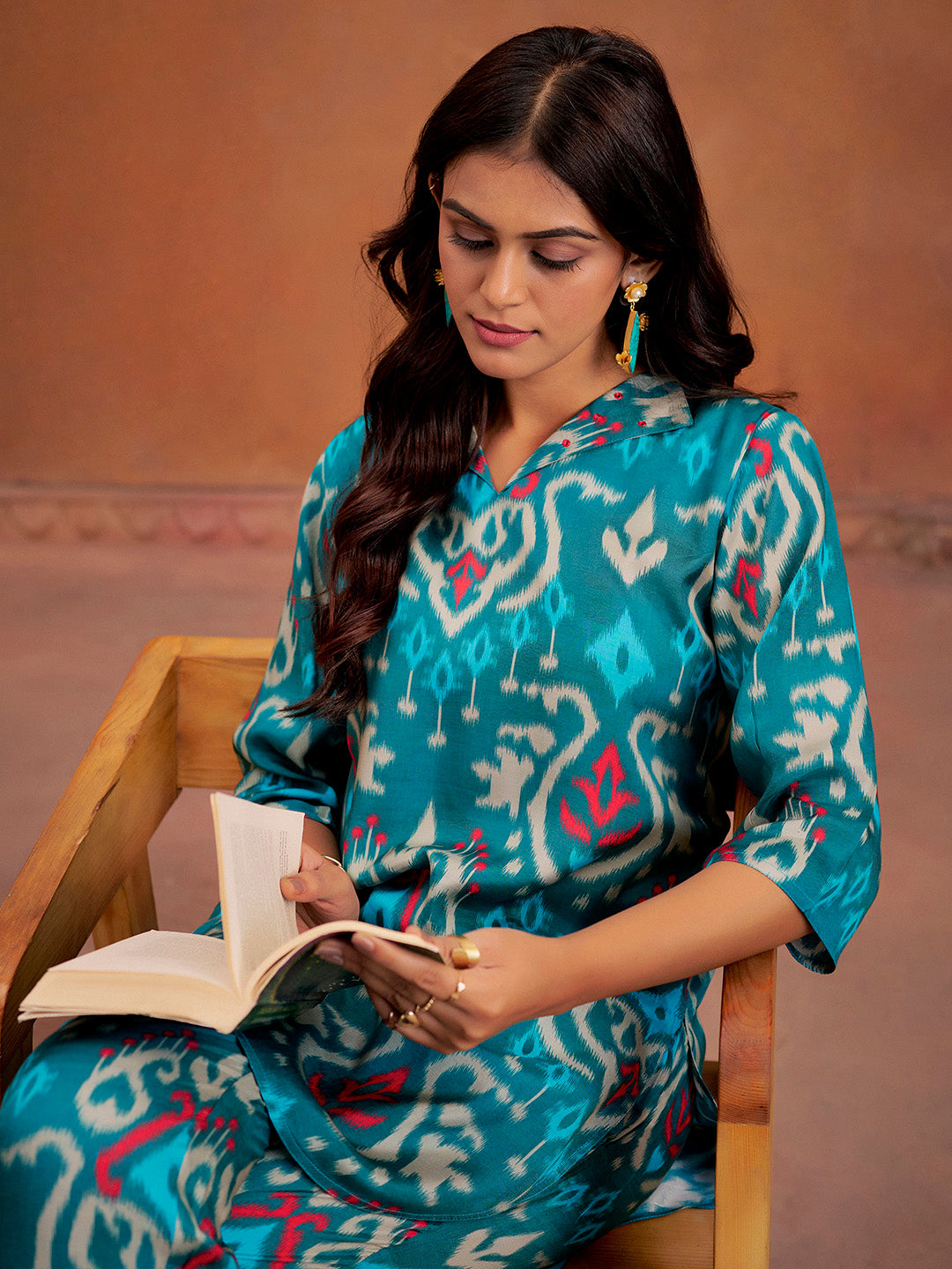Teal Ikat Printed Festive Co-Ord Set