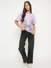 Madame Swarovski Detail Graphic Print Cotton Lilac T-Shirt