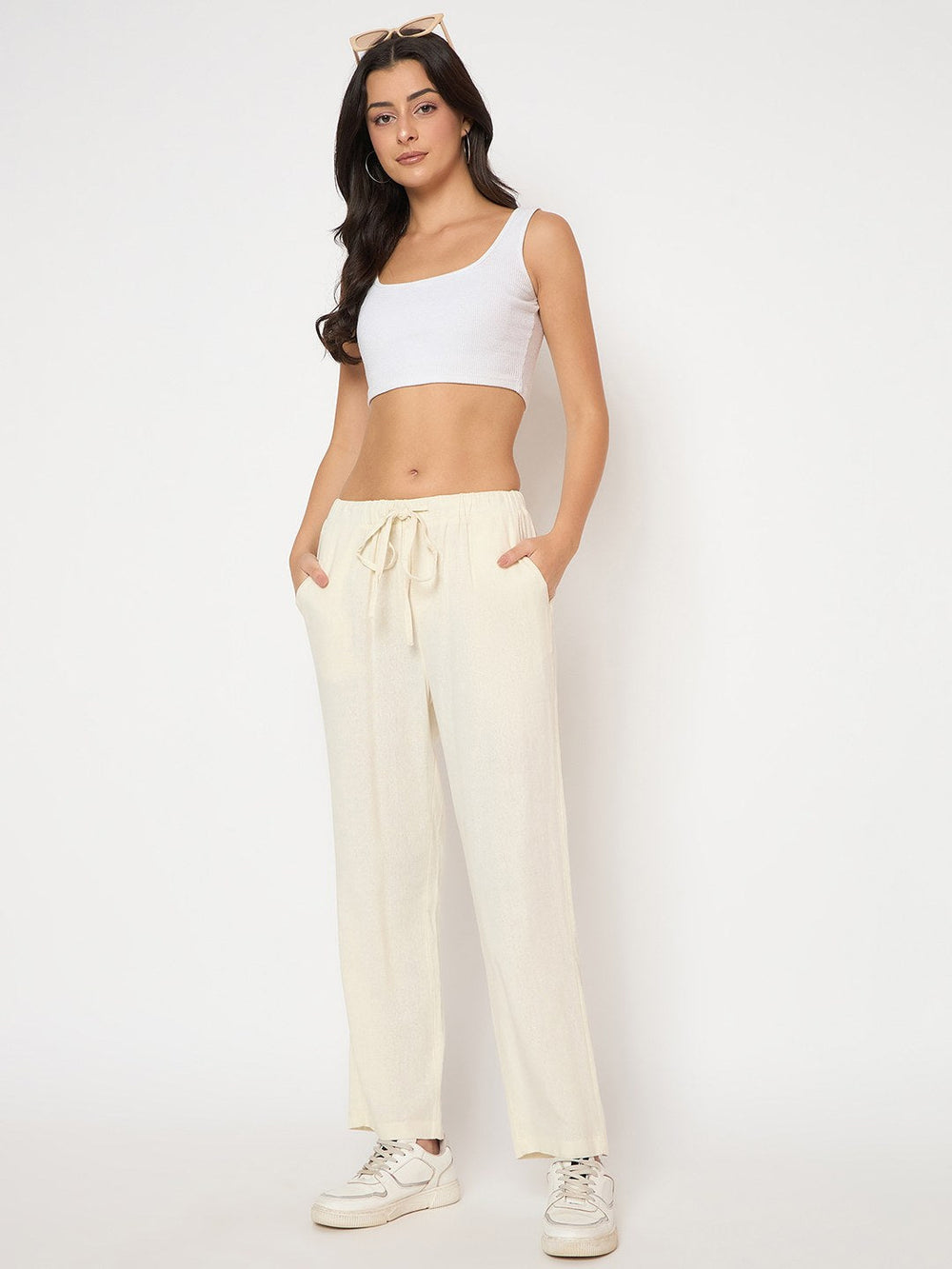 Cream Madame Ladies Western Pants M5S27027 041, stylish high-waisted western-style pants for women, shown on a model.