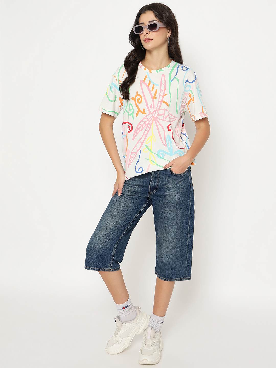 Madame All Over Print Half Sleeve White Cotton T-Shirt