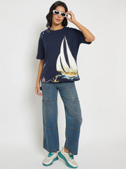 Madame Abstract Print Navy Blue Cotton T-Shirt
