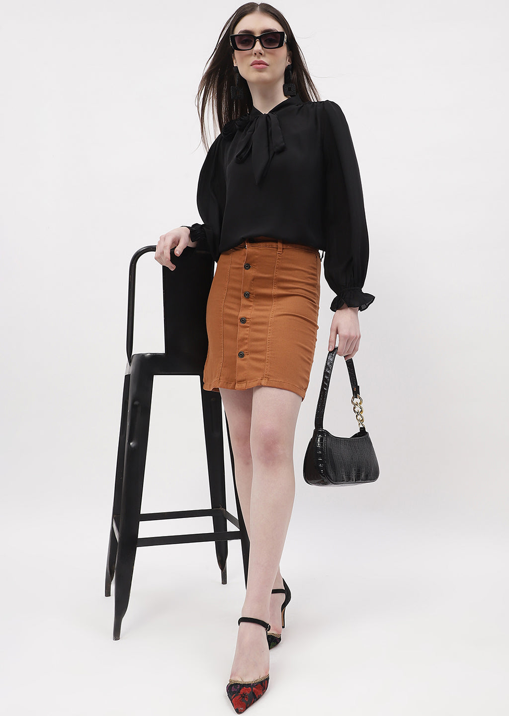 Madame Applique Adorned Black Poet Sleeve Top