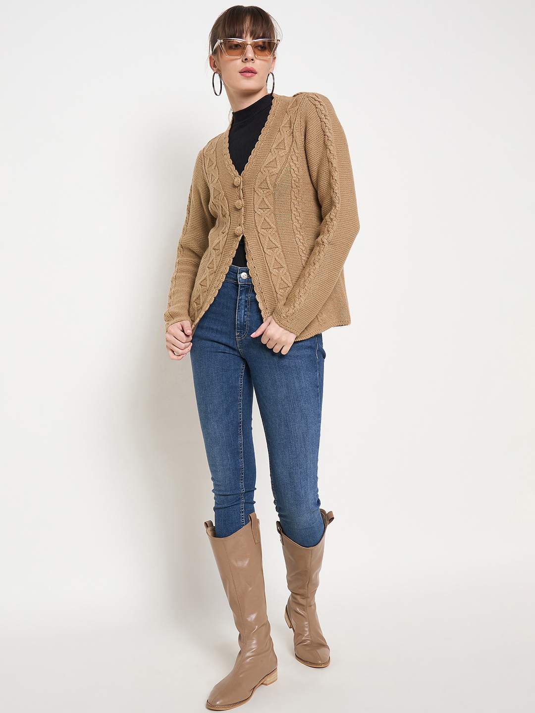 Madame Camel Cable Knit Acrylic Cardigan