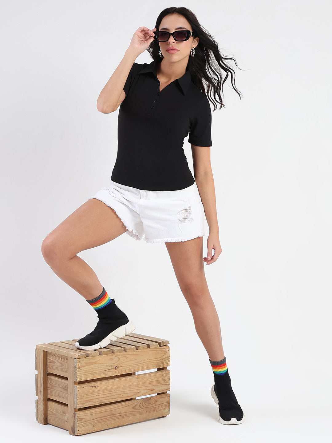 Madame Solid Black Polo Pique T-Shirt