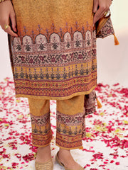 Embellished Ethnic Printed Festive Mustard Kurta Set With Dupatta