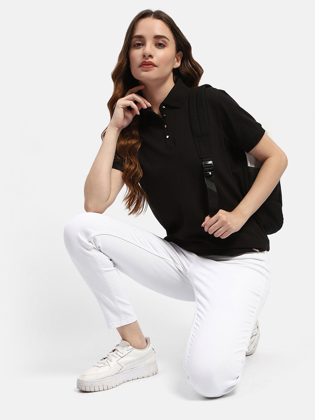 Madame Solid Black Polo Neck T-Shirt